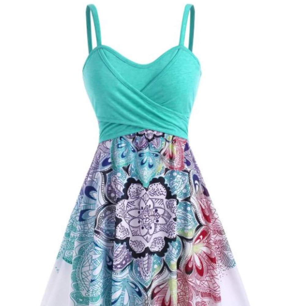 Summer Bohemian Contrast Flower Crossover Sleeveless Empire Waist Midi Dress